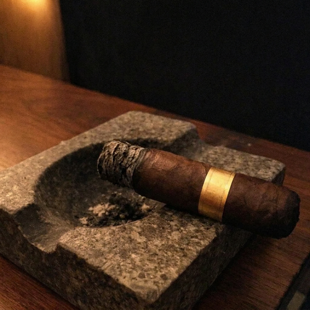 A half-smoked cigar that has gone out, resting in an ashtray with cold grey ash at the foot