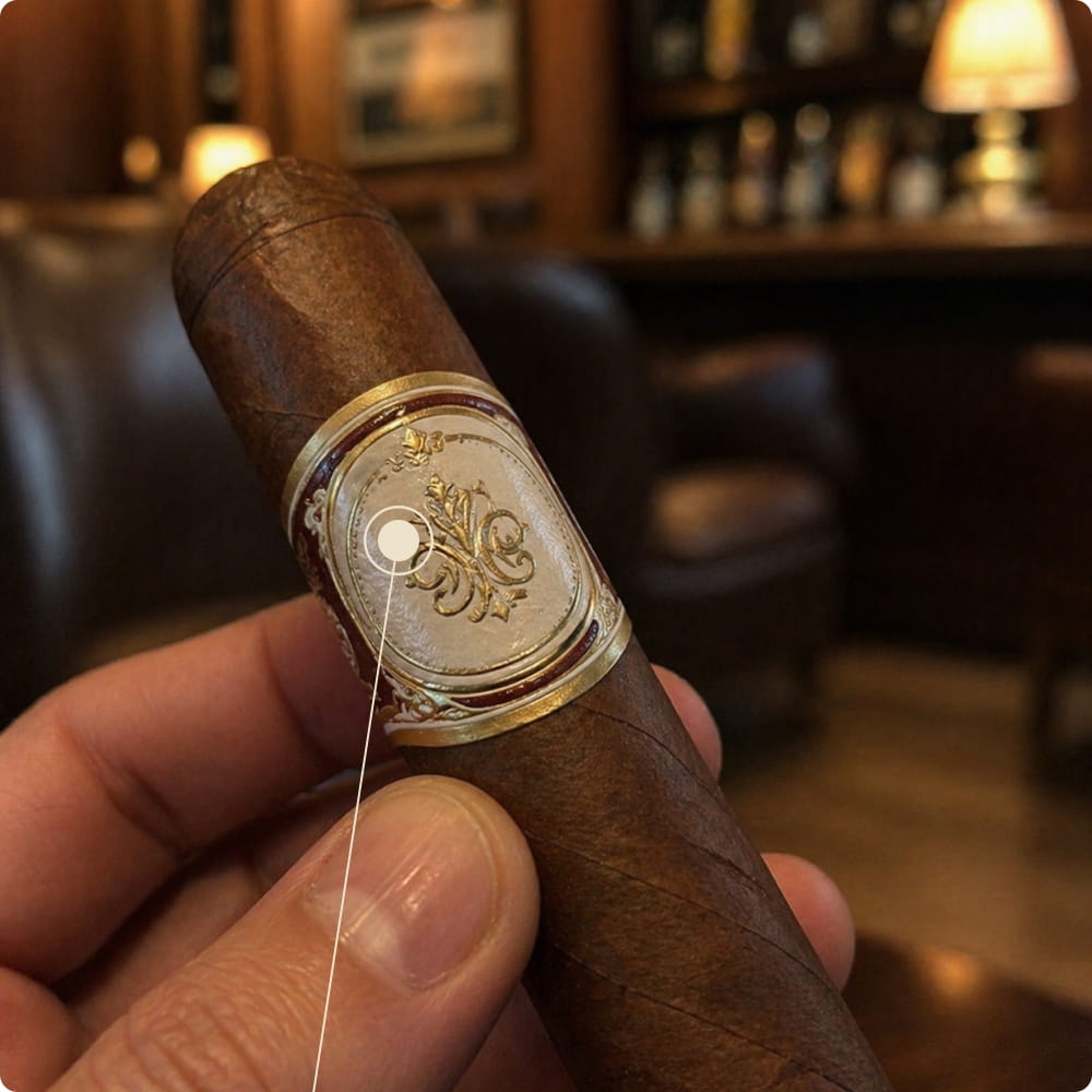 Diagram showing the paper band of a premium cigar identifying brand and vitola