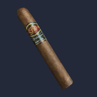 A La Flor Dominicana Double Ligero DL-654 in sun-grown Ecuadorian Sumatra wrapper, banded in dark green and gold.