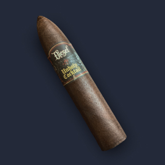 A Diesel Unholy Cocktail belicoso in Pennsylvania Broadleaf wrapper, with a dark green and black band.