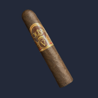 An Oliva Serie V Double Robusto in Habano Sun Grown wrapper, banded in gold and maroon, against a navy backdrop.