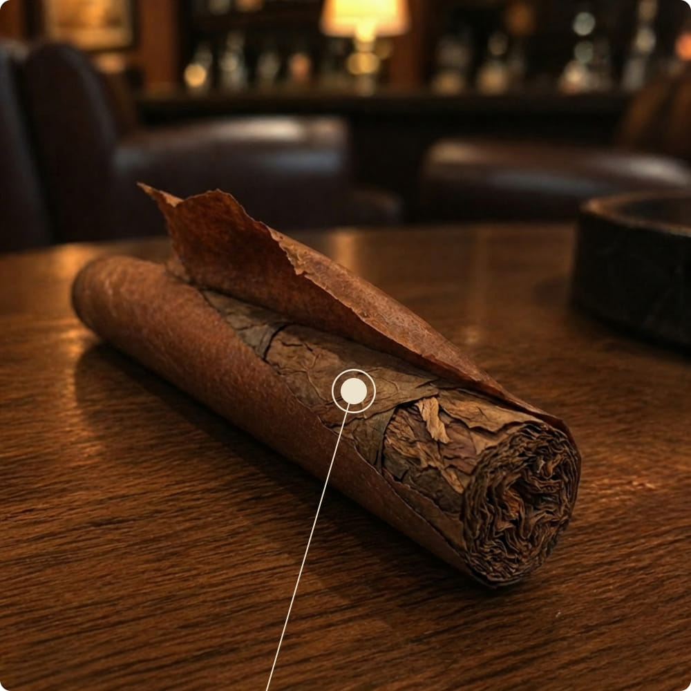 Diagram showing the binder leaf wrapped underneath a premium cigar's wrapper
