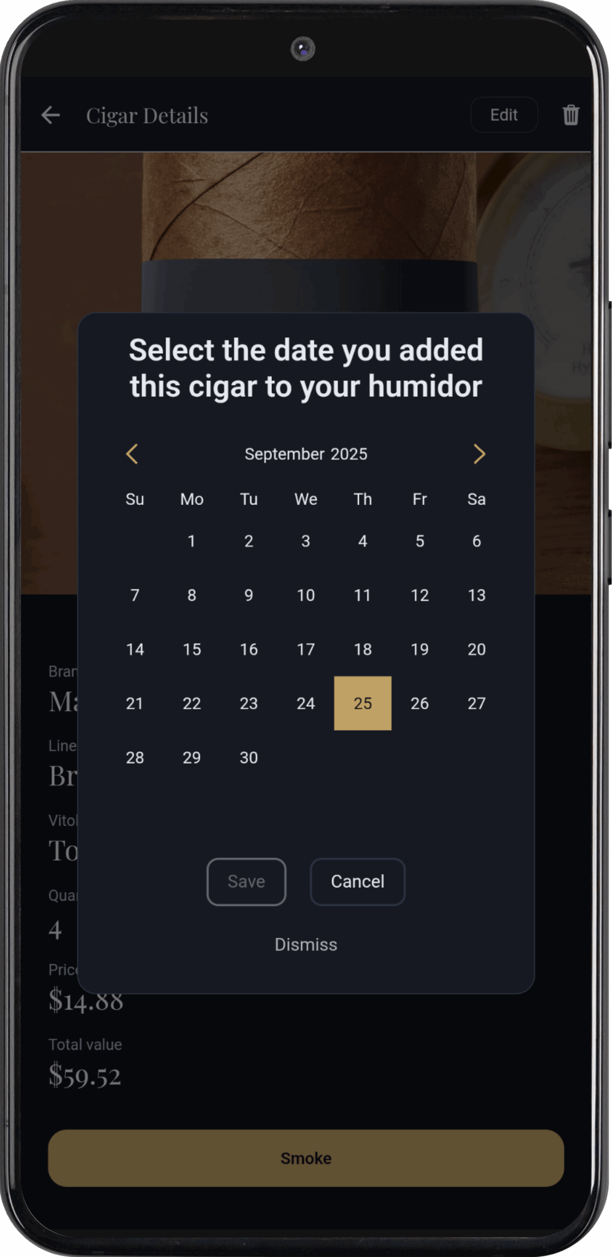 Humidor Add Cigar Rested Date