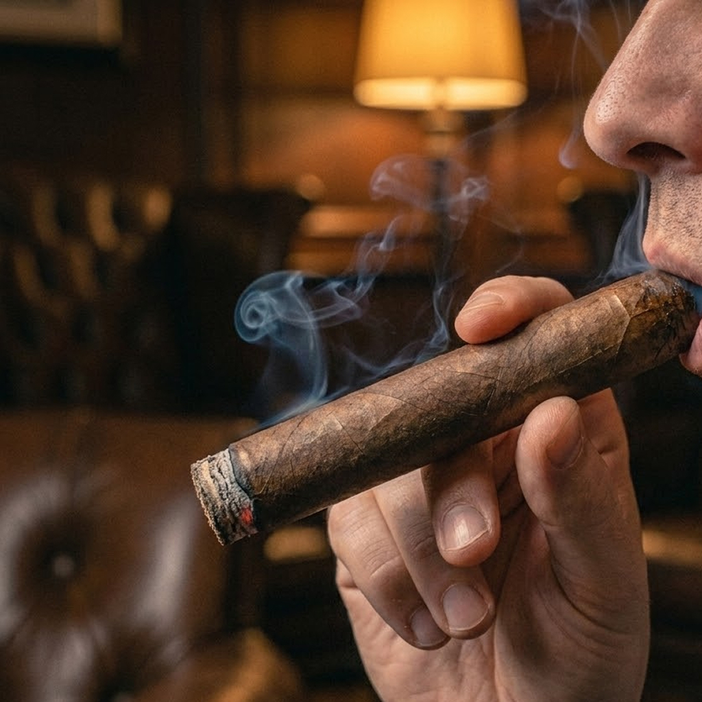 Taking the first gentle draws on a freshly lit cigar to settle an even burn