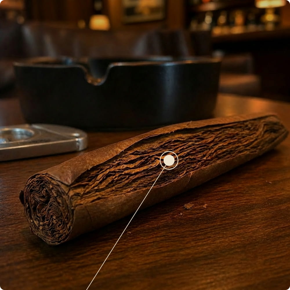 Diagram showing the filler tobacco at the interior of a hand-rolled cigar