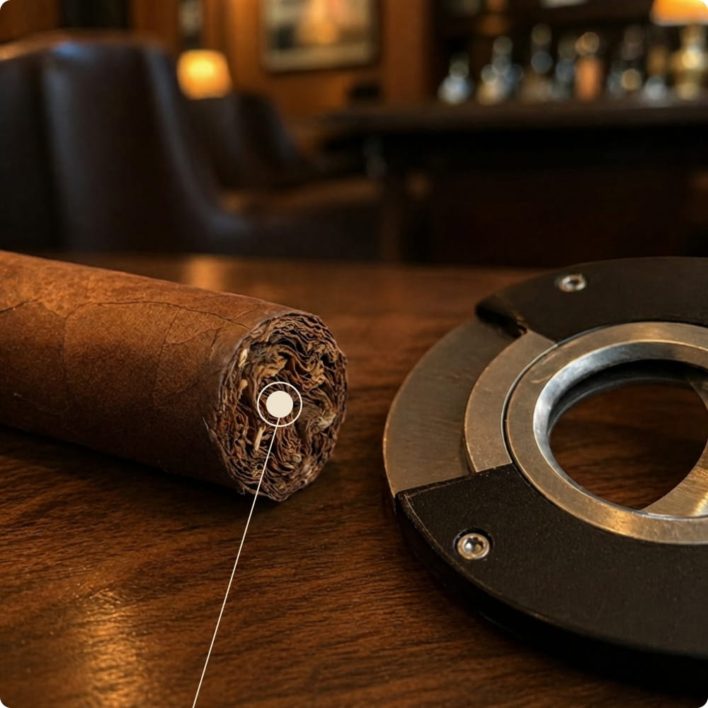 Diagram showing the foot of a cigar, the open end that is lit