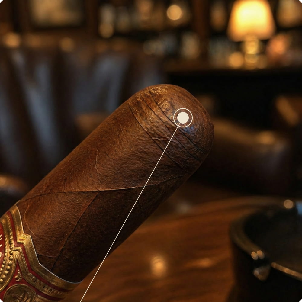 Diagram showing the head and cap of a premium cigar, the closed end that is cut