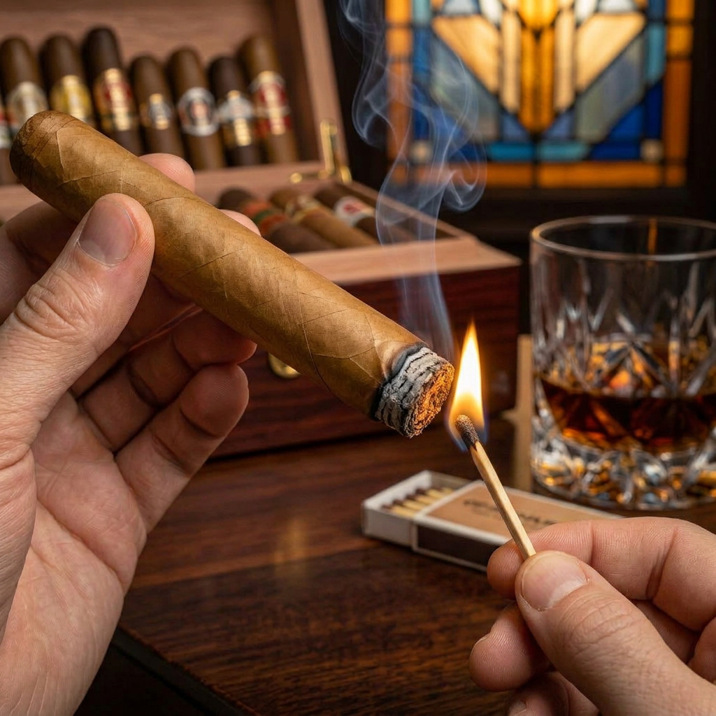 Lighting a cigar with a long wooden match, toasting the foot slowly for a clean, even burn