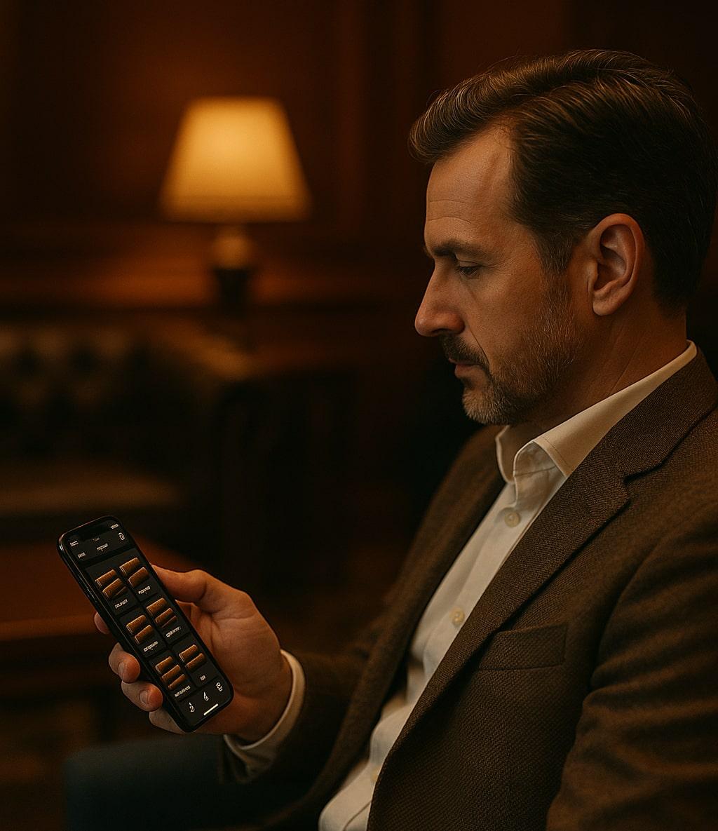 Man using smartphone cigar app in a refined lounge