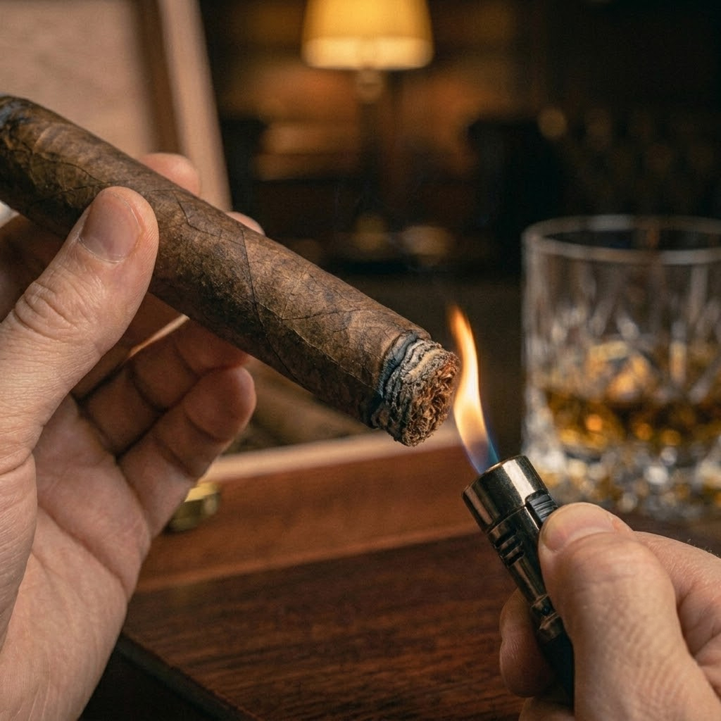 Relighting a cigar, the foot re-toasted just above a butane torch flame until it glows evenly again