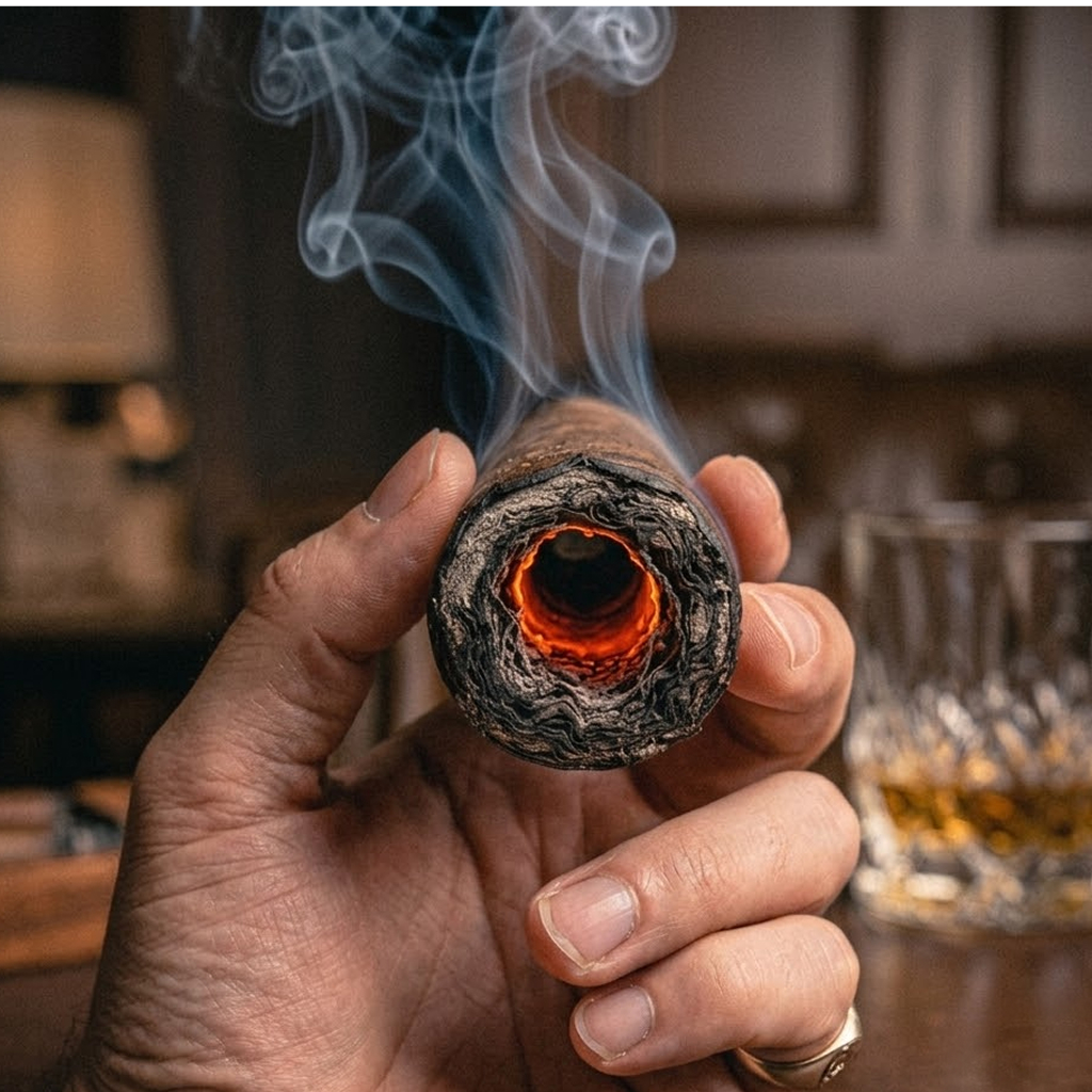 A cigar tunnelling, the filler burning down the centre while the wrapper trails behind