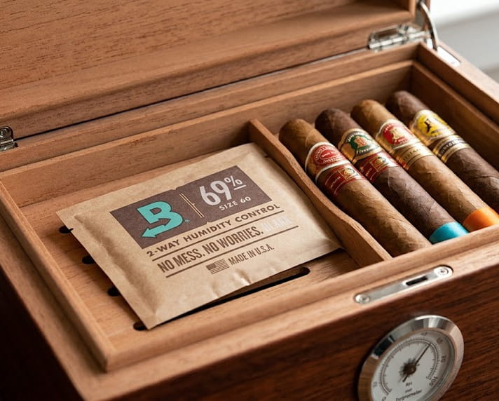 A flat two-way humidity pack lying between two rows of Maduro cigars on cedar dividers inside an open desktop humidor