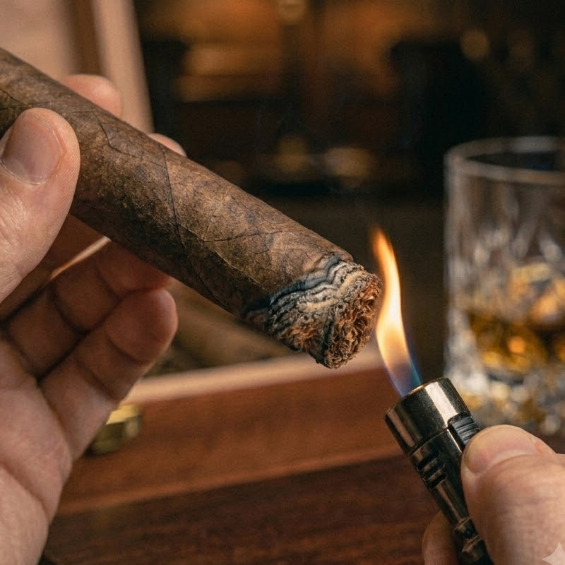 A cigar with a wavy, uneven burn line, the wandering burn a careful light or relight is meant to prevent