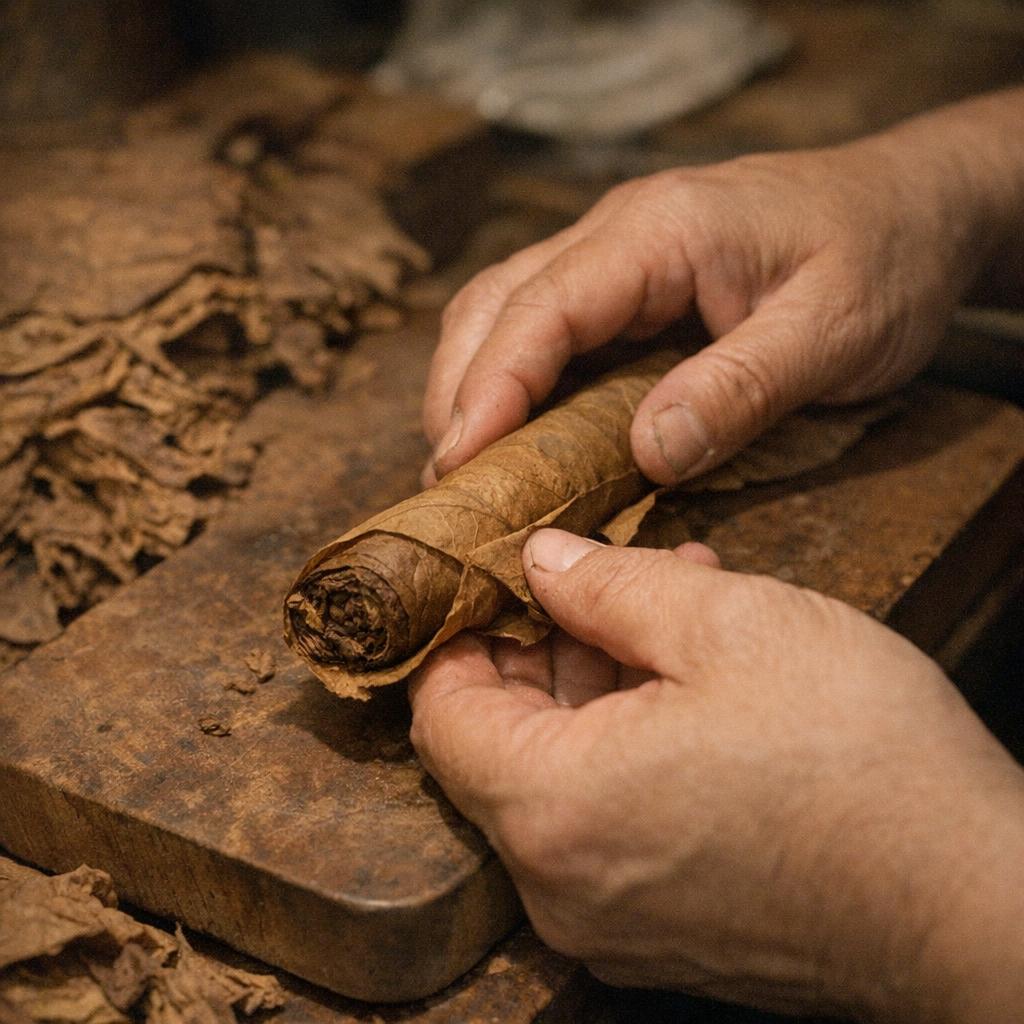Cigar rollers hands wrapping a bundle of long-filler tobacco leaves in a binder leaf to form the bunch, the structural heart of a hand-rolled cigar