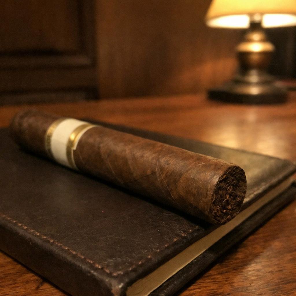 A premium cigar resting on a leather notebook with its paper band visible, a warm lamp behind