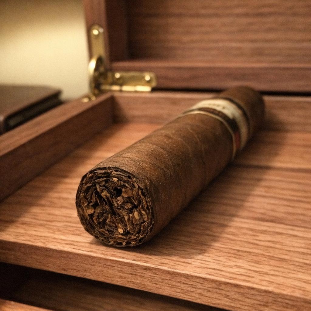 A single robusto cigar at rest on a polished cedar humidor shelf, brass humidor hinge and a closed leather notebook in soft focus, warm lamplight from the upper left.