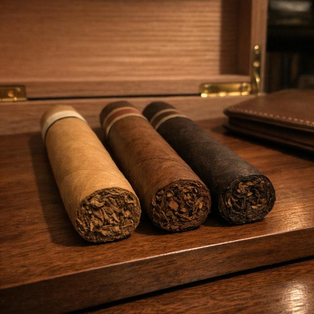Three robusto cigars resting foot-first on a walnut humidor shelf, a pale Connecticut Shade, a medium Habano, and a dark Maduro, with brass humidor hinges and a closed leather notebook in soft focus.
