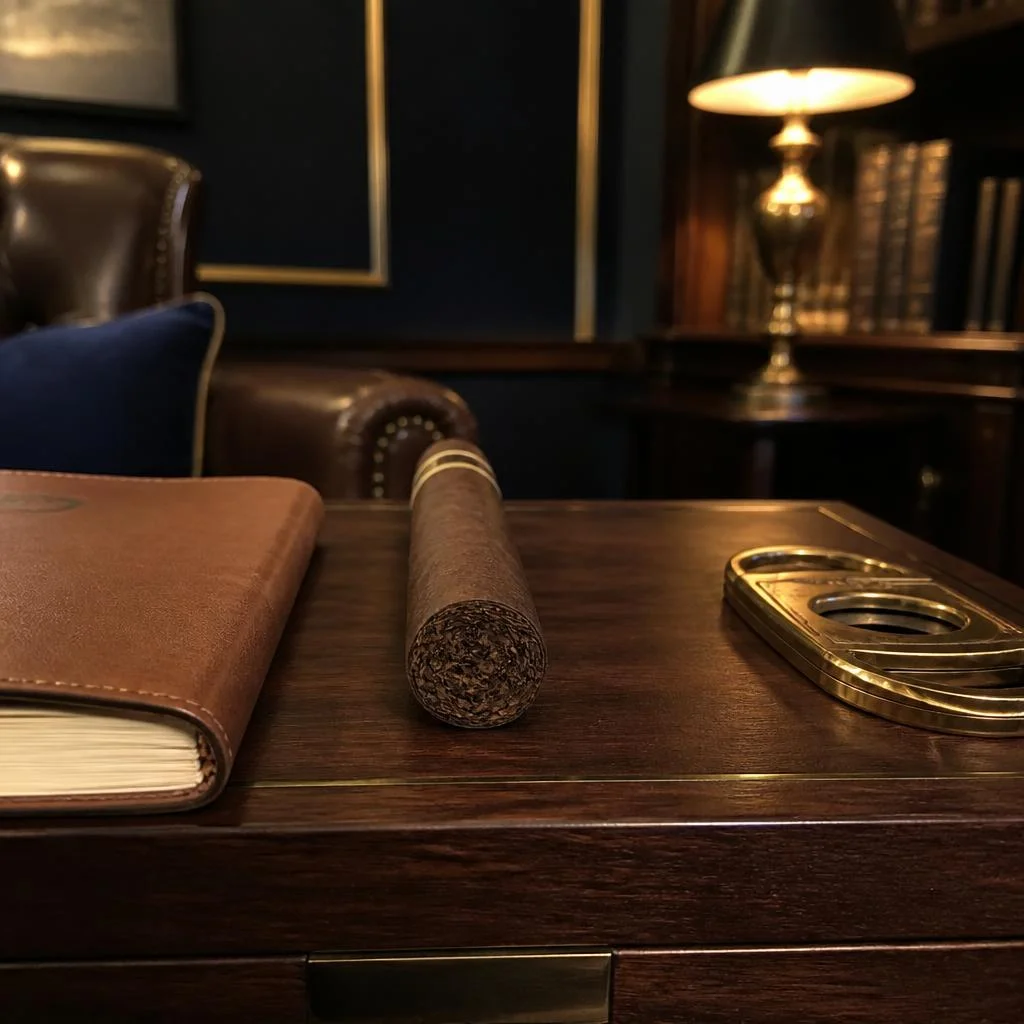 An unlit dark-wrapped cigar resting on a walnut humidor between a leather notebook and a brass cutter in warm lamplight