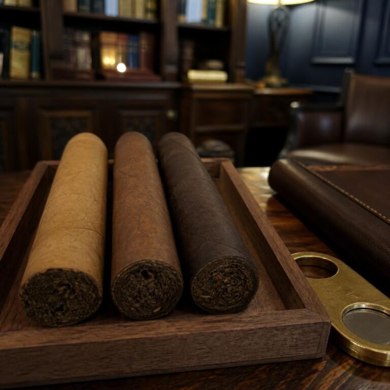Three unlit cigars in Connecticut shade, habano and broadleaf wrappers side by side on a cedar tray beside a brass cutter