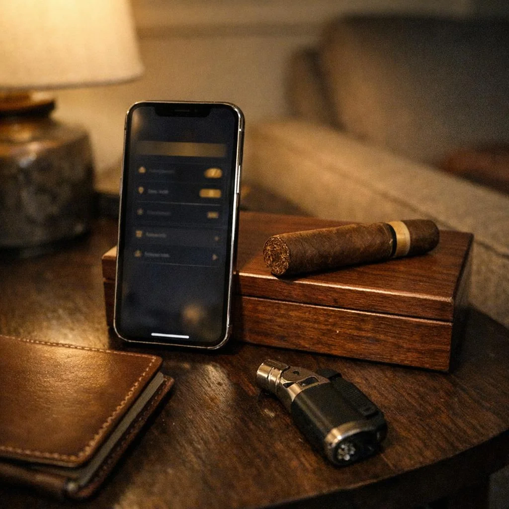 An iPhone stands upright against a closed walnut humidor with an unlit cigar on the lid and a butane lighter alongside