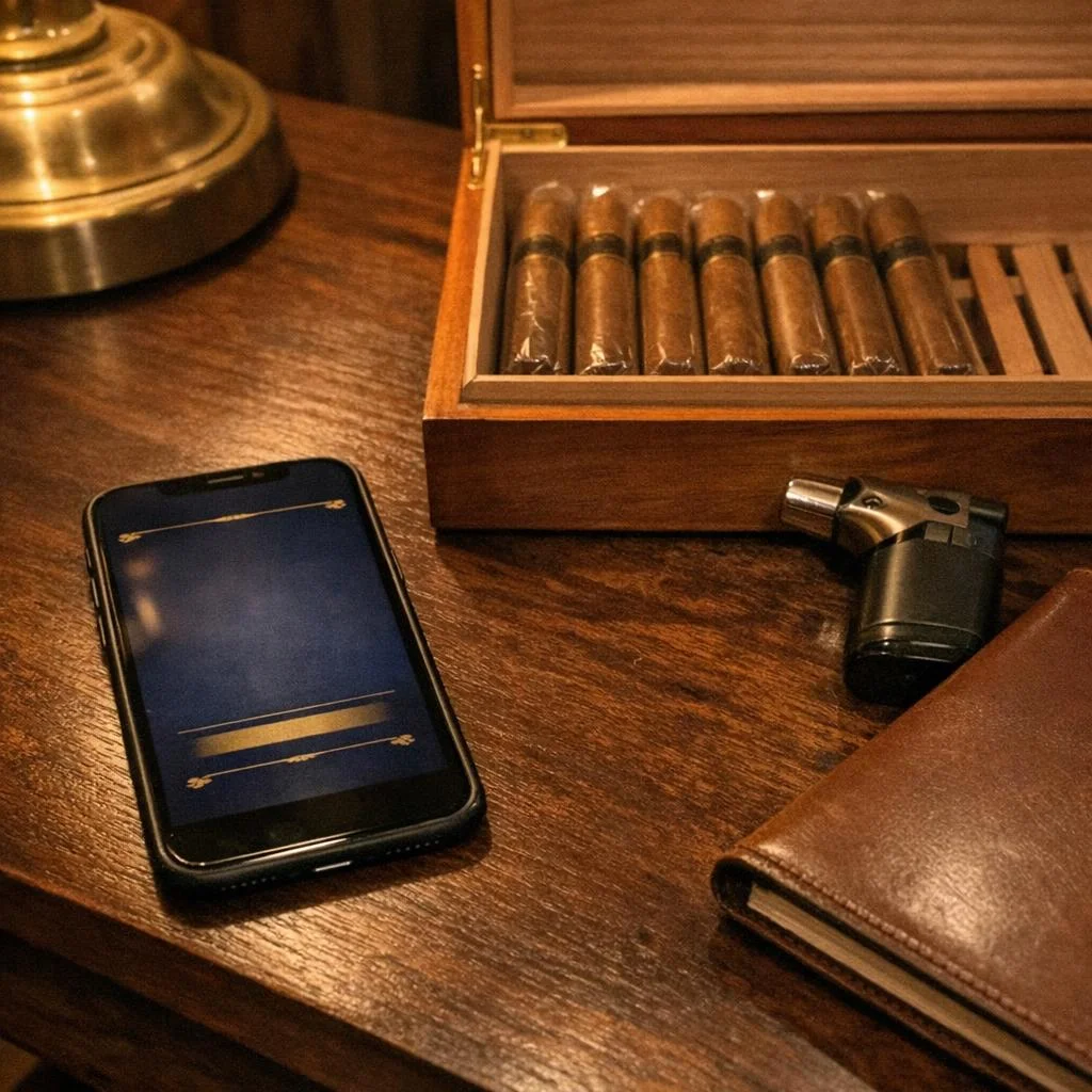 An iPhone rests on dark walnut beside an open cedar humidor of cellophaned cigars, a torch lighter and a leather notebook