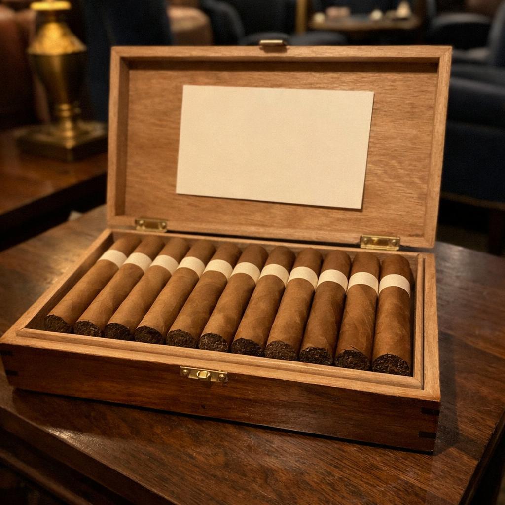 An open wooden cigar box holds a single neat layer of unlit cigars, with a blank cream card propped inside the lid.