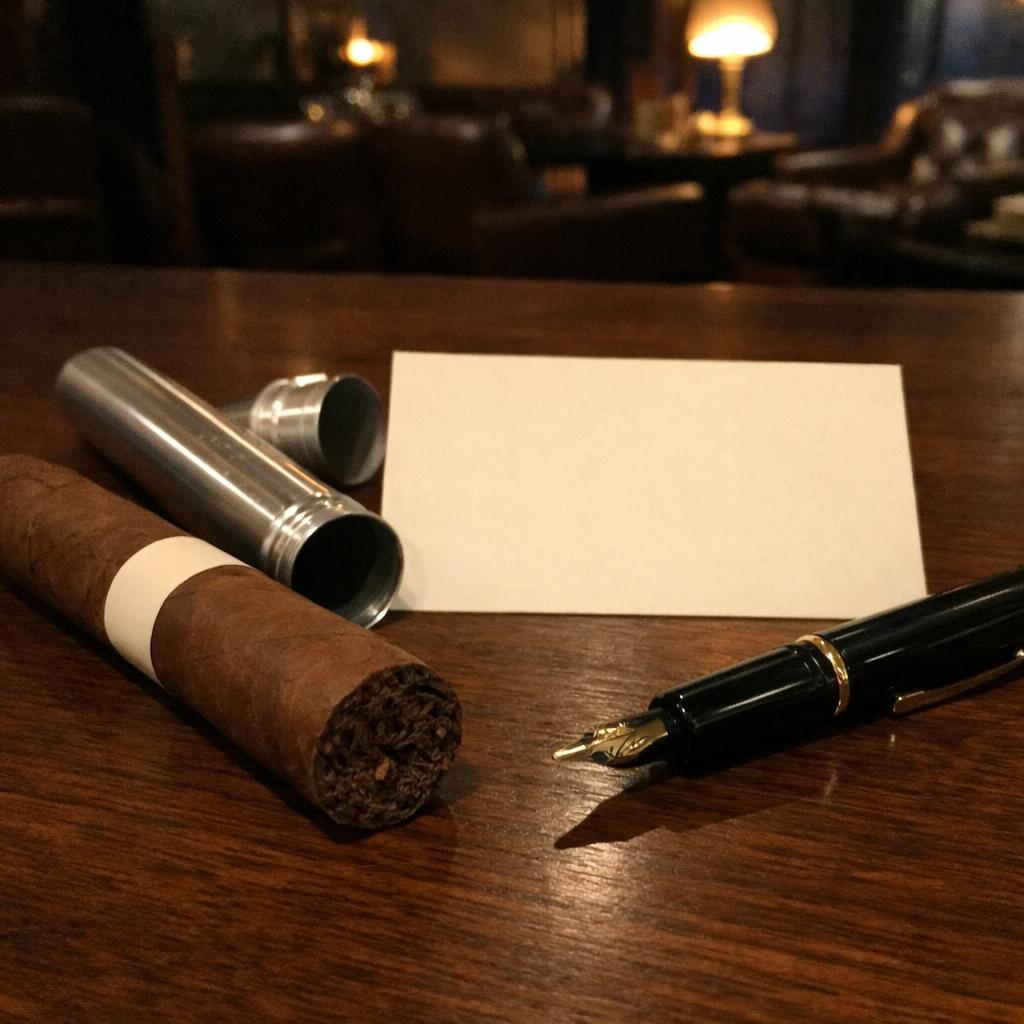 A single unlit cigar rests beside its open aluminium tube on a walnut desk, with a blank cream card and a fountain pen waiting alongside.