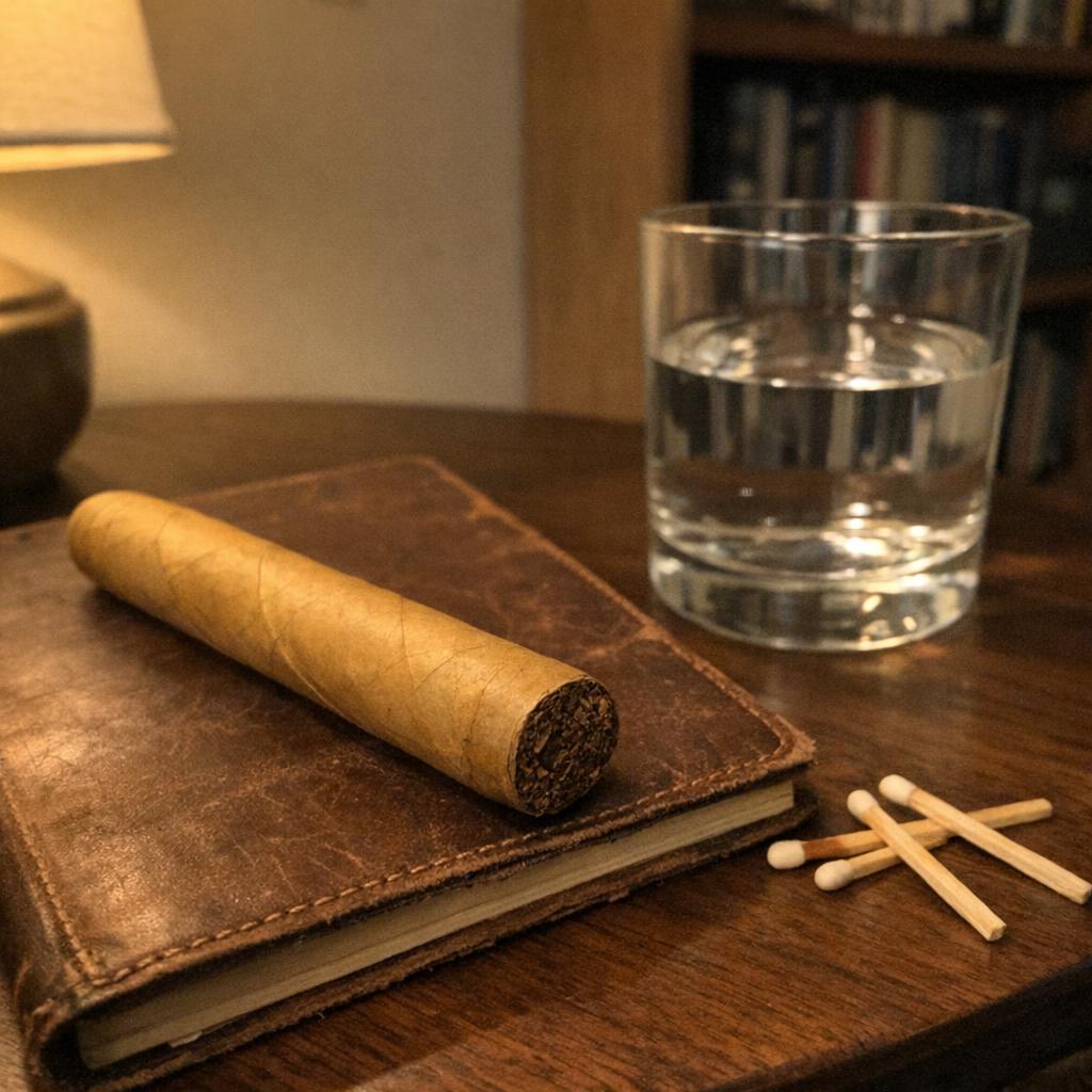 A single pale Connecticut-shade cigar on a worn leather notebook beside a glass of water and loose matches, in a lamplit study.