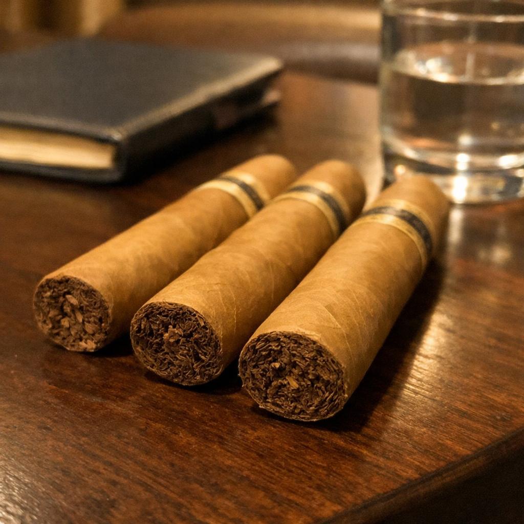 Three pale Connecticut-shade cigars resting on a dark walnut side table, feet toward the viewer, a leather notebook and a glass of water behind.