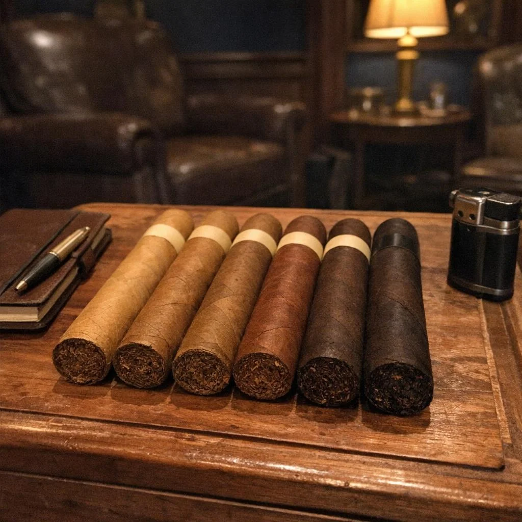 Six unlit cigars in ascending wrapper shades resting on a humidor lid beside a leather notebook, a pen and a butane lighter in a dark lounge.