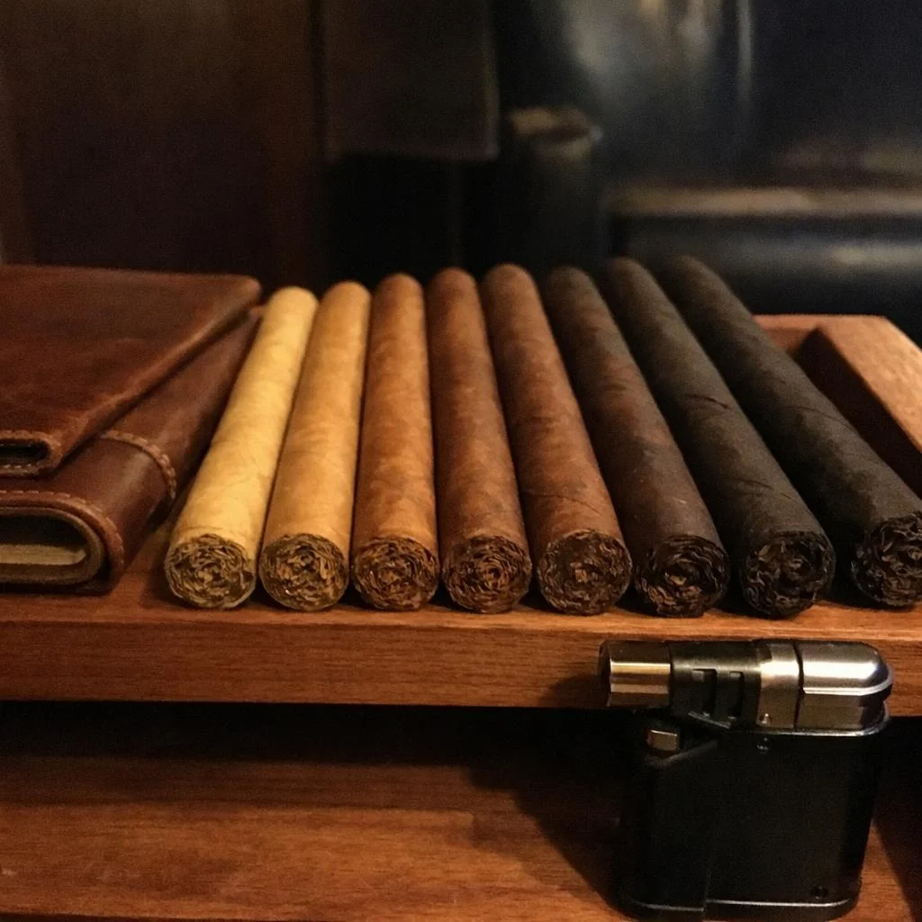 A row of unlit premium cigars on a wooden tray graded from pale Connecticut shade through habano brown to dark maduro, with a leather case and a butane torch lighter alongside.