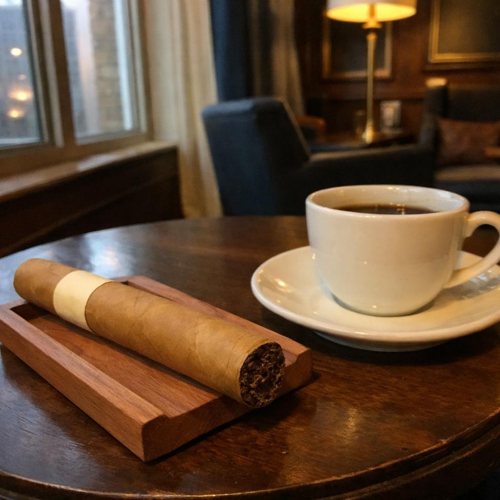 An unlit Connecticut Shade cigar resting on a cedar tray beside a cup of black coffee on a lounge side table at a window