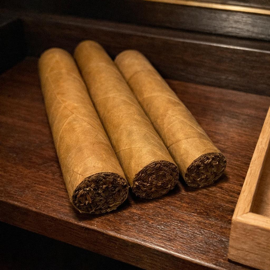 Three Connecticut Shade cigars with pale golden wrappers resting together on a dark wood shelf in warm lamplight