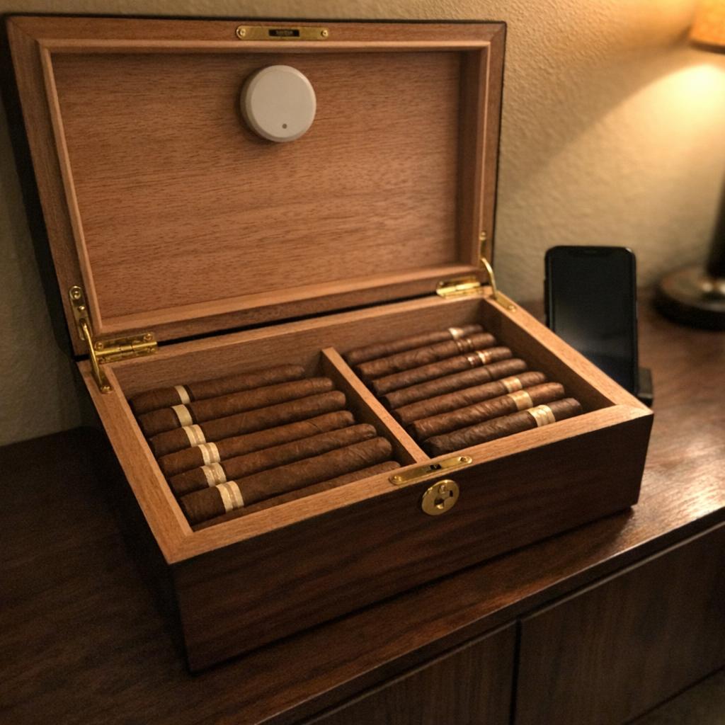 An open humidor shows a round sensor mounted inside the lid above two rows of cigars, with a phone standing nearby on a sideboard