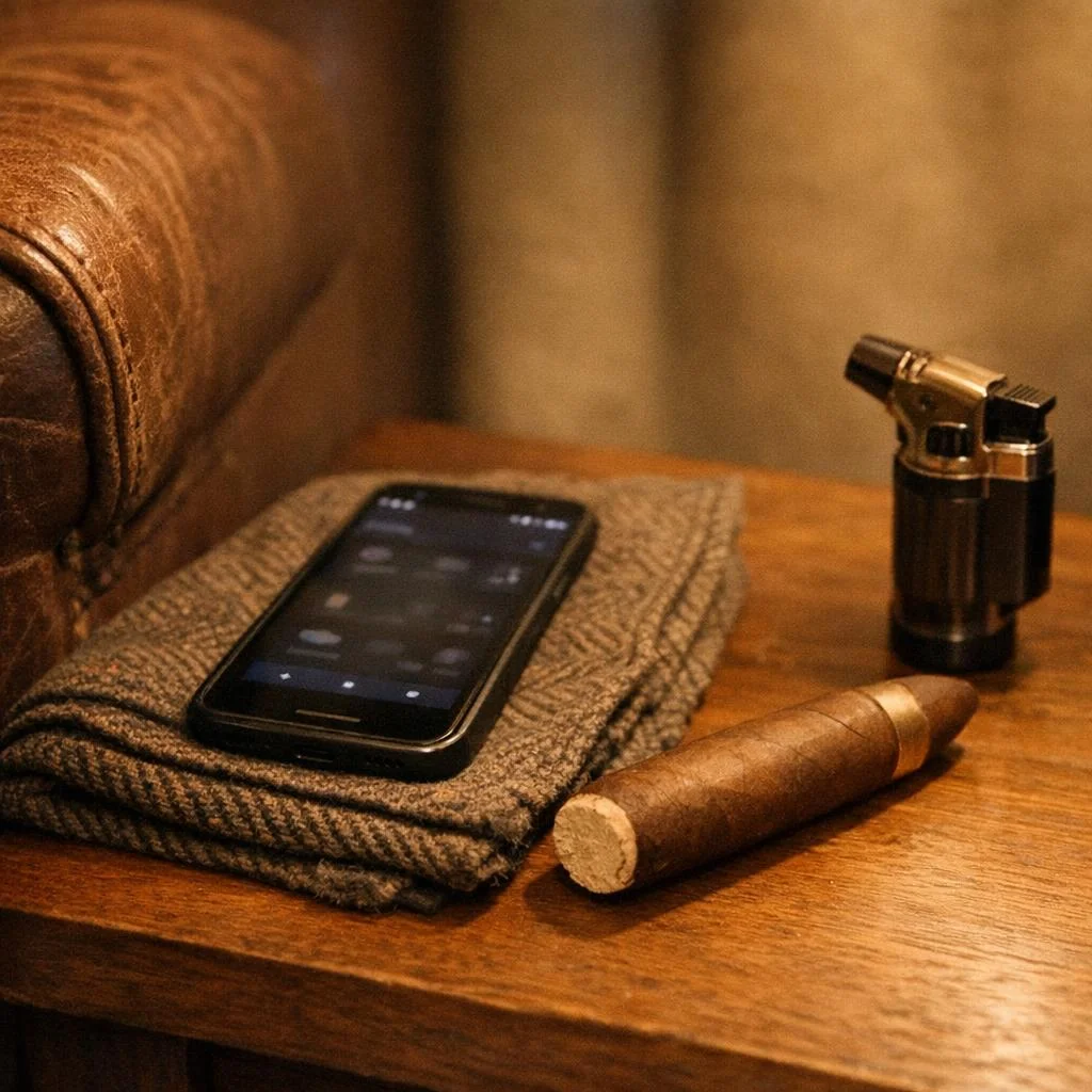 An Android phone rests on a folded tweed jacket beside an unlit torpedo cigar and a butane torch lighter on a leather armrest