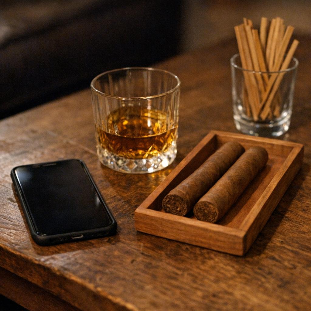 Two unlit cigars sit in a small wooden box beside a glass of whisky and a jar of cedar spills on a low lounge table