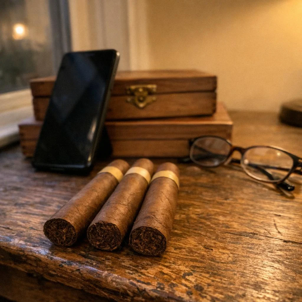 Three unlit cigars lie in a row beside a phone propped against stacked cedar boxes and a pair of reading glasses near a window