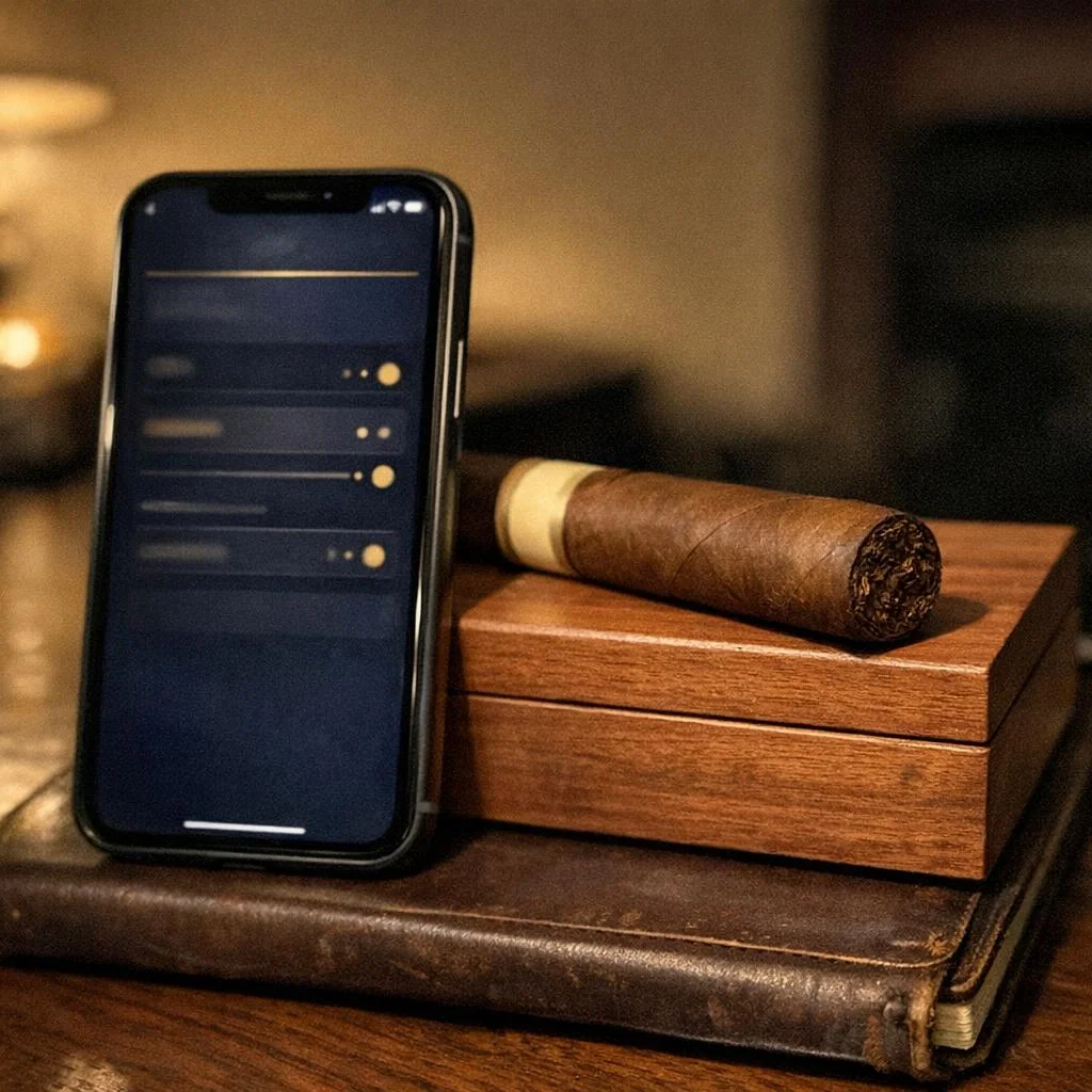 An iPhone stands propped against a small cedar humidor beside an unlit robusto with its foot toward camera on a leather notebook