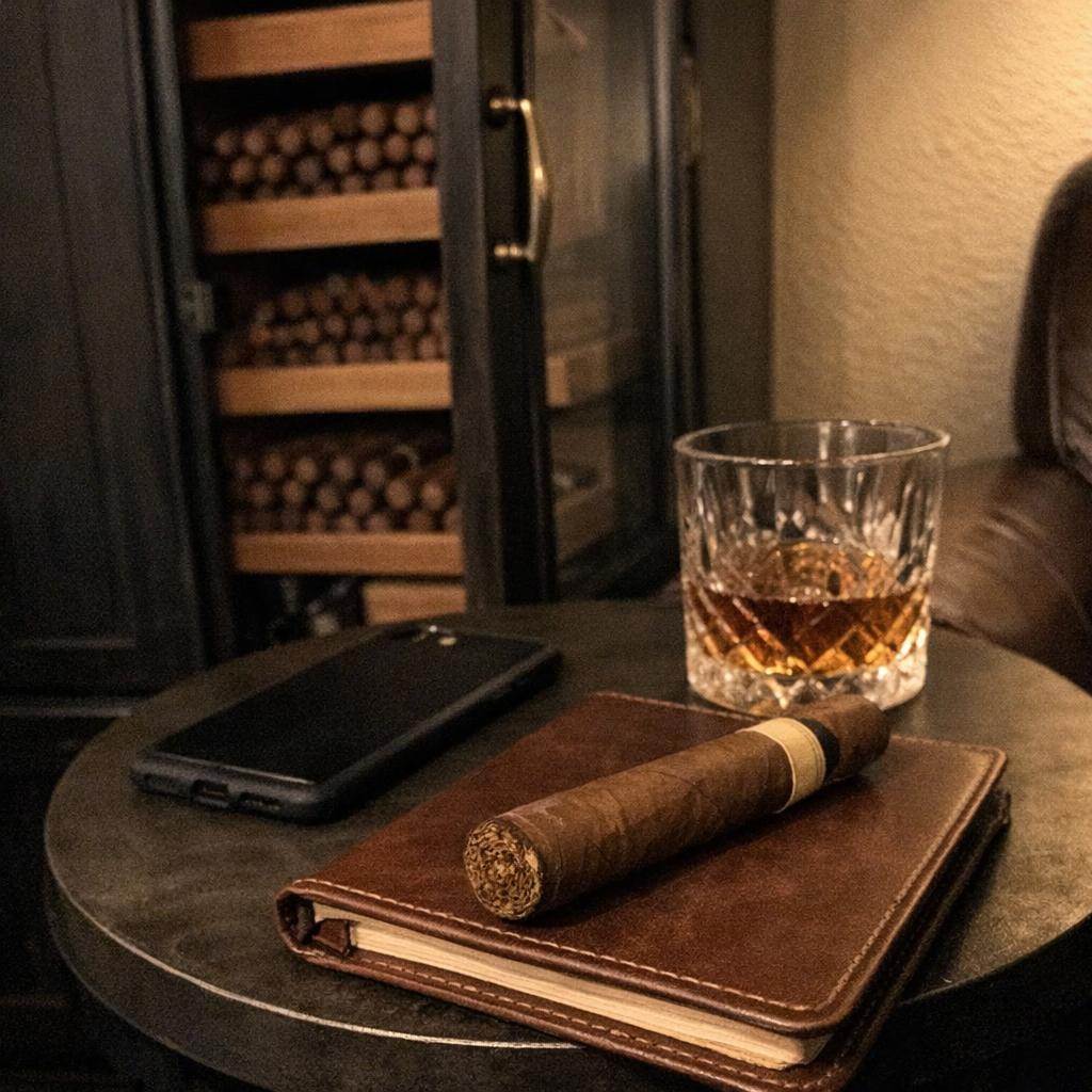 An unlit corona rests on a leather notebook beside a phone and a glass of whisky, with a cabinet of shelved cigars behind