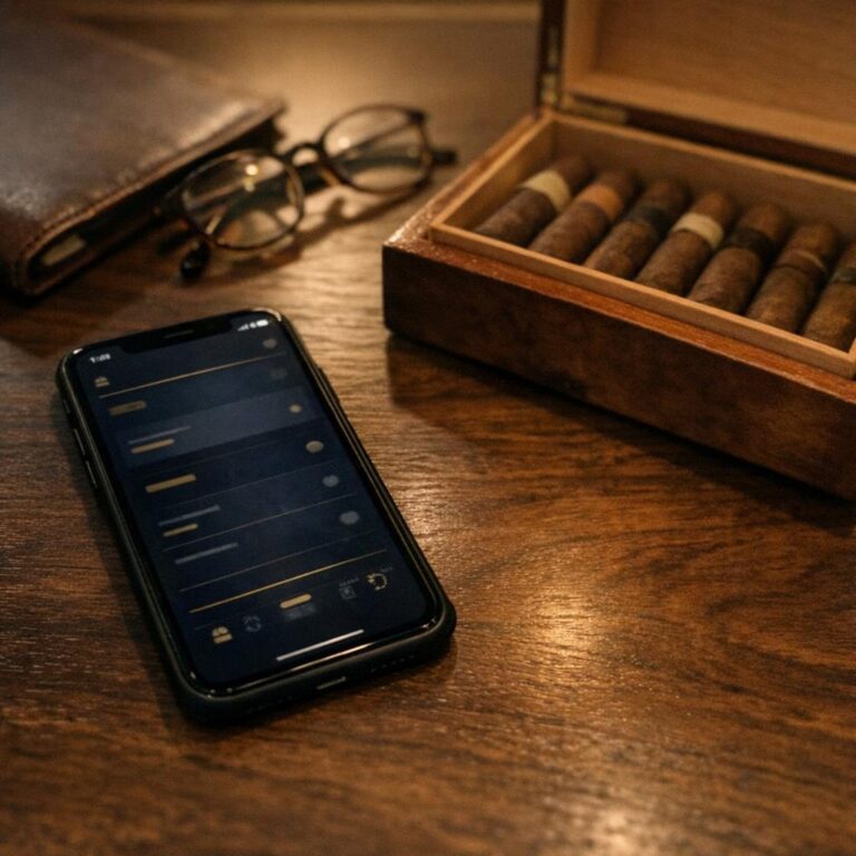 A phone with a dim dark app interface rests beside an open humidor of cigars, reading glasses and a leather notebook nearby on a walnut desk