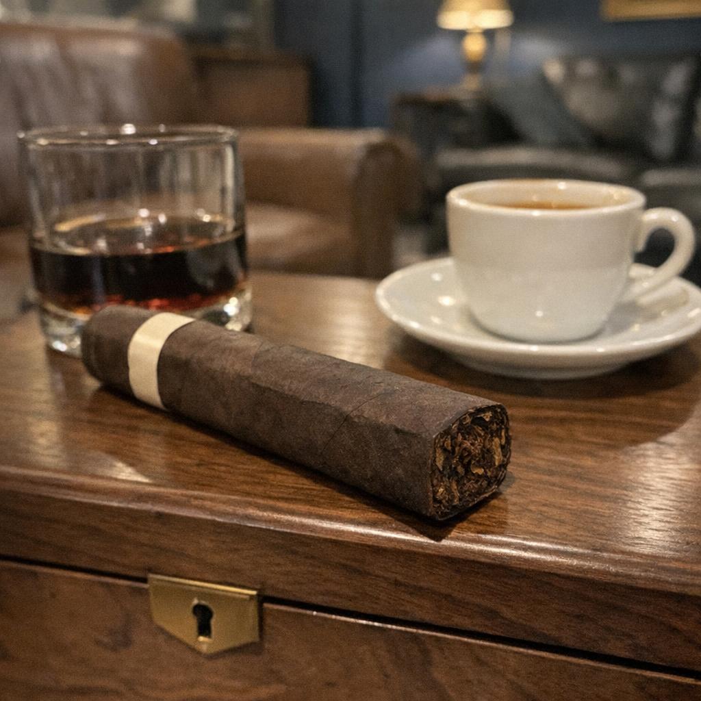 A dark box-pressed cigar resting on a humidor lid beside a glass of aged rum and a cup of espresso