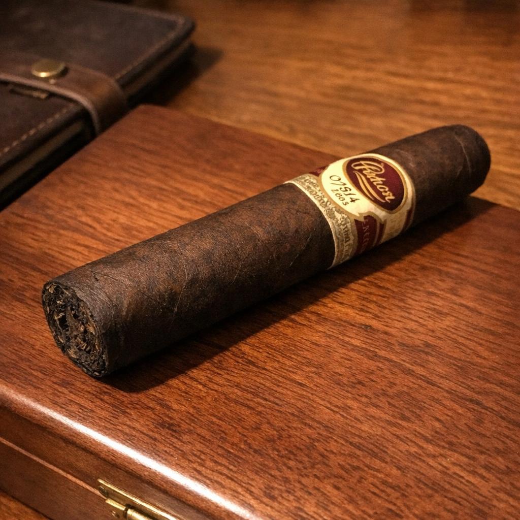 A single Padron 1964 Anniversary Maduro Exclusivo at rest on a closed walnut humidor lid, dark walnut-brown wrapper, the band partially visible and wrapping to the back, warm amber lamplight from the right.