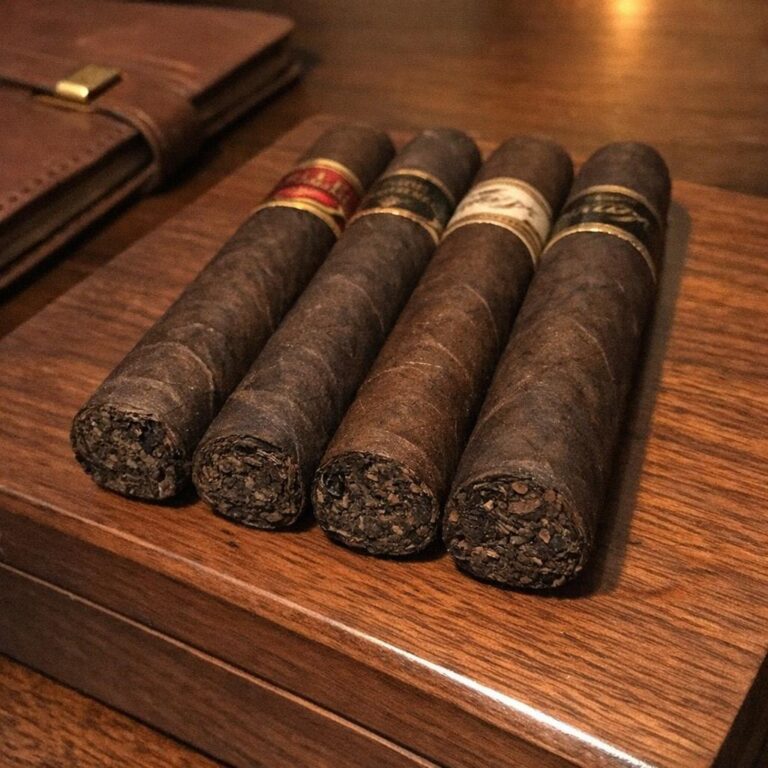 A lineup of four premium Maduro cigars with dark walnut and espresso-brown wrappers resting on a closed walnut humidor lid, brand bands wrapping to the back, warm amber lamplight from above right.