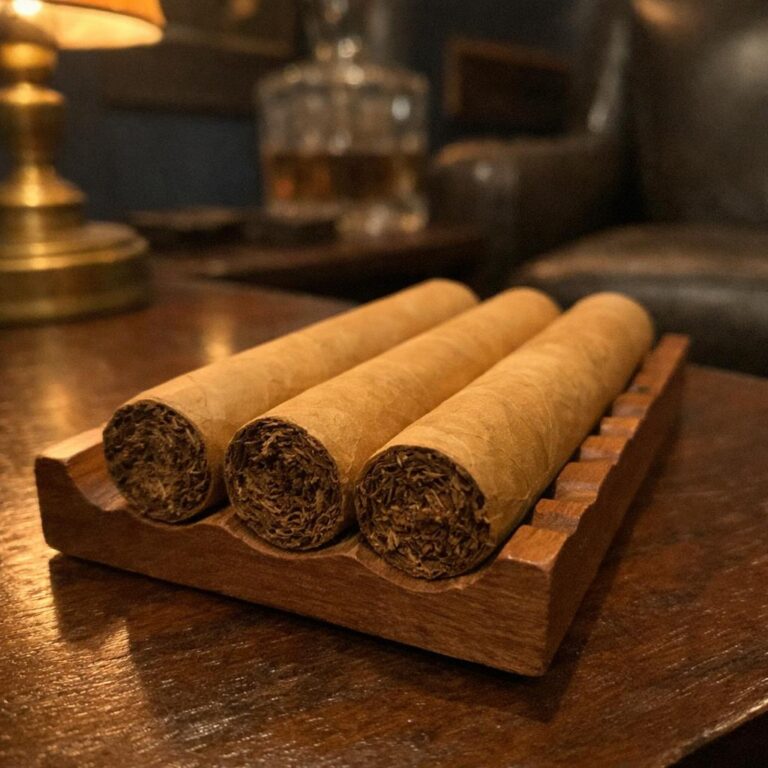 Three unlit mild cigars with pale Connecticut Shade wrappers rest in a cedar cigar stand beside a lit brass lamp.