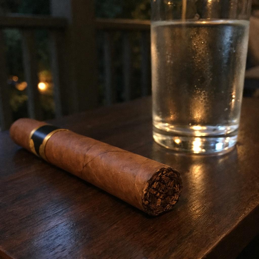A caramel-brown Habano cigar resting on a porch table beside a tall glass of water in bright afternoon light