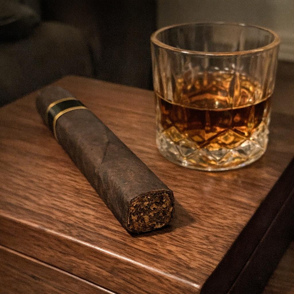 A dark box-pressed maduro cigar resting on a walnut humidor lid beside a short glass of amber whisky in low evening light