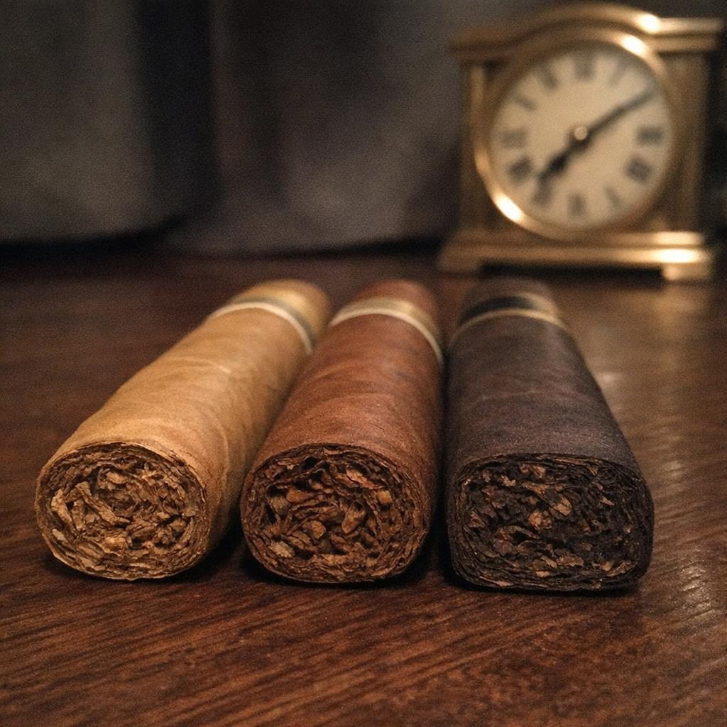 Three unlit cigars in ascending wrapper shade, pale Connecticut to dark maduro, lined up on a walnut table beside a brass mantel clock