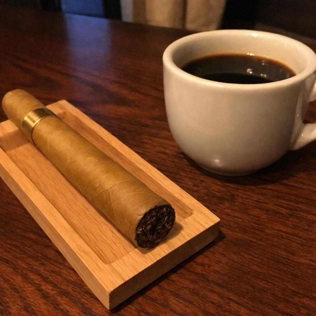 A pale golden Connecticut-wrapped cigar resting on a cedar tray beside a cup of black coffee in soft morning light