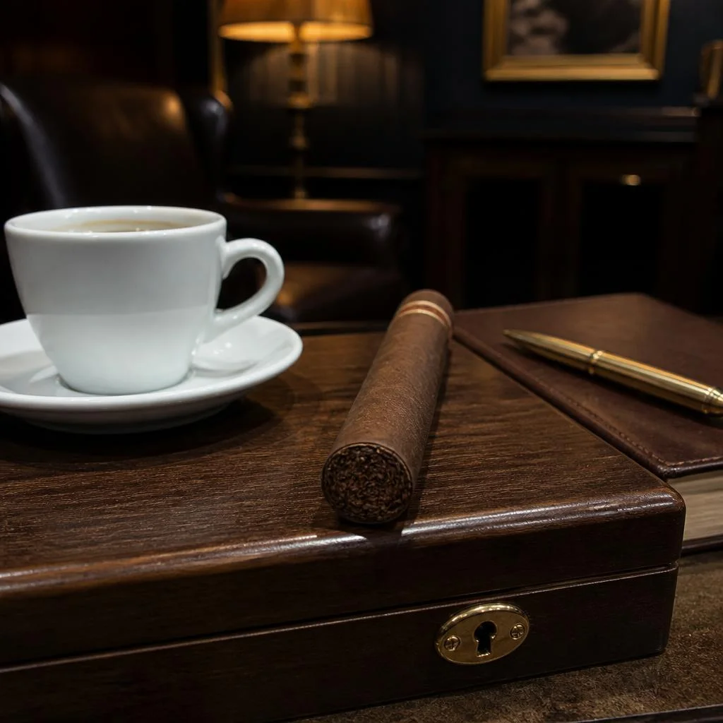A single unlit toro cigar resting on the closed lid of a walnut humidor beside a cup of black coffee and a leather notebook