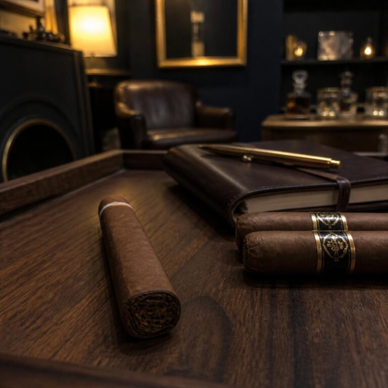 Three unlit box-pressed toro cigars resting on a dark walnut cedar tray beside a leather notebook and brass pen in a quiet navy lounge